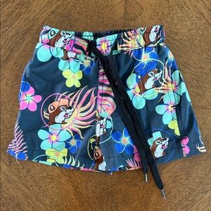 Kids Navy Floral Swim Shorts with Cartoon Print